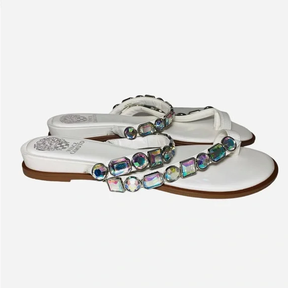 Vince Camuto Bejeweled Sandals Ambridil White Leathers shoes Toe Loop - Picture 3 of 10